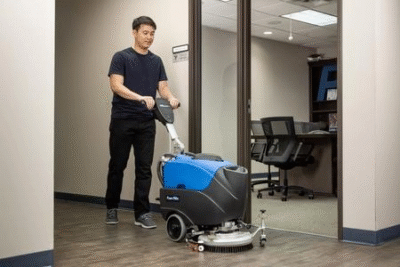 Powr-Flite Predator 14” Battery-Powered Floor Scrubber | Commercial Automatic Hard Floor Cleaner with Onboard Charger & Quiet 68 dBA Operation – PAS14G