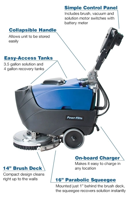 Powr-Flite Predator 14” Battery-Powered Floor Scrubber | Commercial Automatic Hard Floor Cleaner with Onboard Charger & Quiet 68 dBA Operation – PAS14G