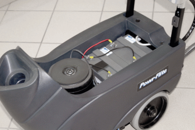 Powr-Flite Predator 14” Battery-Powered Floor Scrubber | Commercial Automatic Hard Floor Cleaner with Onboard Charger & Quiet 68 dBA Operation – PAS14G